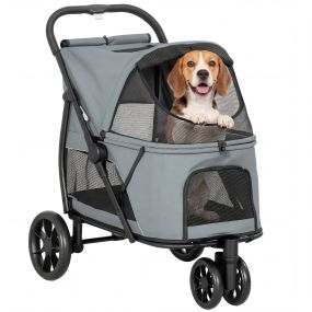 Carrito para perros plegable con 3 ruedas, malla, cojín lavable, frenos, 20 kg, gris