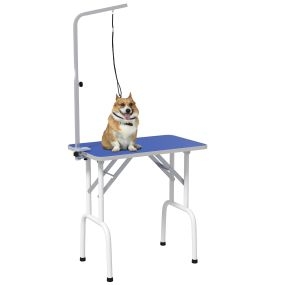 Mesa de peluquería canina plegable con encimera antideslizante y brazo ajustable, 81x48,5x80 cm, azul