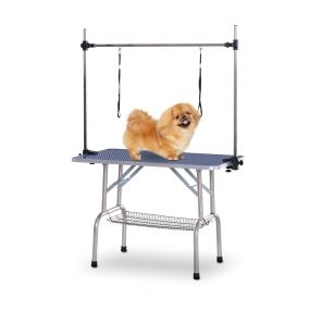 Mesa de peluquería canina plegable con cesta de rejilla, encimera antideslizante, 107x60x164 cm, azul