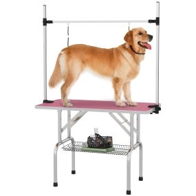 Mesa de peluquería canina plegable con cesta de rejilla, encimera antideslizante, rosa, 107x60x164 cm