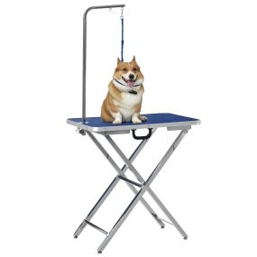 Mesa de peluquería para mascotas regulable con encimera antideslizante y patas plegables 72x45x74-81 cm azul