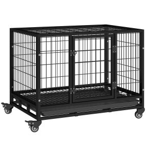 Jaula de metal para perros con ruedas y frenos, bandeja extraíble, puerta con pestillo, 92x62x75 cm, negro