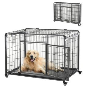 Jaula plegable de metal para perros grandes 125x76x81 cm con ruedas, frenos y bandeja extraíble gris oscuro
