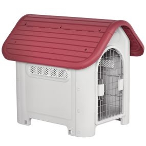 Caseta para perro con puerta extraíble base elevada 3 respiraderos y ventana 59x75x66 cm gris rojo