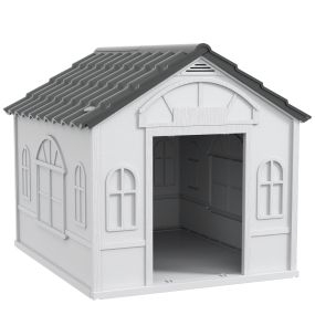 Caseta para perros medianos 84,2x98,2x82 cm gris y blanco para interior y exterior