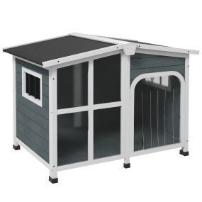 Caseta para perros pequeños de madera gris oscuro con techo abatible, frontal acrílico y fondo extraíble 101x66,5x70,5 cm