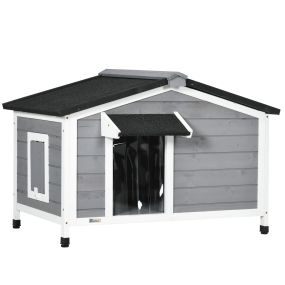 Caseta para perros exterior con techo asfáltico abatible, 2 ventanas, base extraíble, 97x72x65 cm, gris