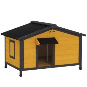 Caseta para perros exterior de madera natural 97x72x65 cm con techo abatible, 2 ventanas, puerta con cortina y base extraíble