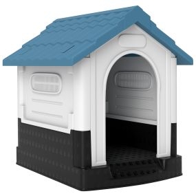 Caseta para perros mini de plástico para exterior con 3 ventanas, base elevada y techo imitación tejas, azul, 64,5x57x66 cm