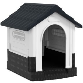 Caseta para perros mini de plástico para exterior con 3 ventanas, base elevada y techo imitación tejas, 64,5x57x66 cm, gris oscuro