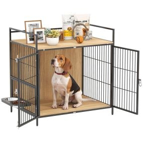 Jaula para perros mesa auxiliar moderna con soporte giratorio, 2 tazones, 2 puertas y estante, roble 80x56x76,5 cm
