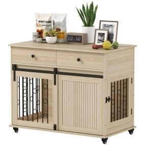 Jaula para perros con ruedas, mesa auxiliar, casa para mascotas con 2 cajones y 2 puertas, 100x56x81 cm, roble