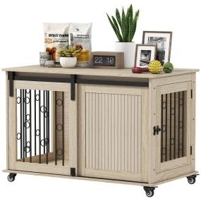 Jaula para perros con ruedas, mesa auxiliar, 2 puertas y cierre, 100x56x65 cm, roble