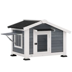 Caseta para perros exterior de madera gris 98x76x69,5 cm con techo asfáltico y suelo extraíble