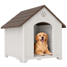 Caseta para perros exterior de plástico impermeable, 2 ventanas, base elevada, 88x79x89 cm, marrón oscuro