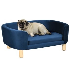 Sofá para perros pequeños elevado con patas de madera, cojín desmontable, funda lavable, azul, 86x55x33 cm, 10 kg