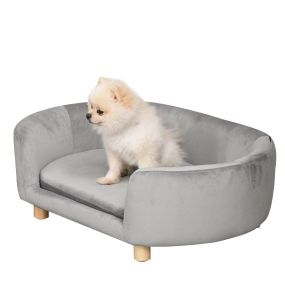 Sofá para perros pequeños elevado con patas de madera, cojín desmontable, funda lavable, gris claro, 86x55x33 cm, 10 kg