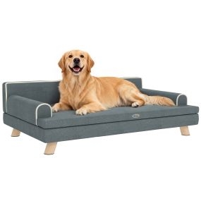 Sofá para perros medianos y grandes 100x62x32 cm tapizado en chenilla gris oscuro con cojín lavable y patas de madera de pino