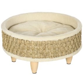 Cama elevada para perros miniaturas con cojín lavable, cuerda de seagrass y marco de madera, Ø48x24,5 cm beige