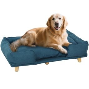 Sofá para perros grandes cama elevada con patas de madera y cojín lavable azul 96x66x24 cm carga 30 kg