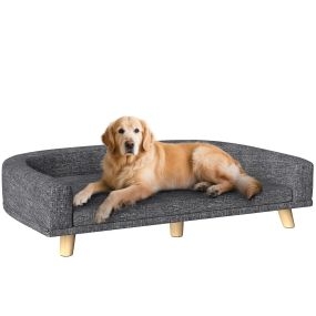 Sofá para perros grandes 98x67x25 cm cama elevada tapizada con cojín lavable patas de madera de pino gris oscuro carga 30 kg