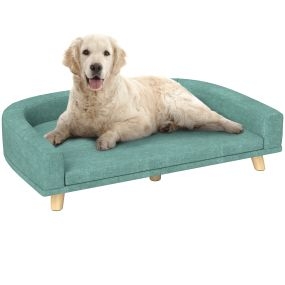 Sofá para perros grandes 98x67x25 cm tapizado con cojín lavable y patas de madera de pino verde