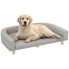 Sofá para perros grandes 98x67x25 cm tapizado con cojín lavable y patas de madera de pino gris claro carga 30 kg