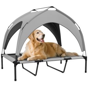 Cama elevada para perros grandes con toldo, 106x76x94 cm, acero, gris claro, interior y exterior