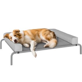 Cama elevada refrescante para perros medianos con malla transpirable y marco de acero 110x75x30 cm gris claro