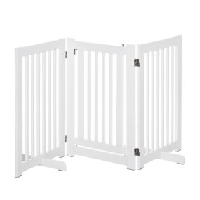 Barrera para perros de madera 155x76 cm plegable de 3 paneles con puerta y patas de apoyo blanca