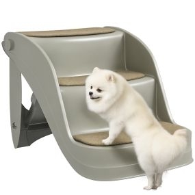 Escalera plegable de 3 peldaños para perros pequeños con alfombra antideslizante gris