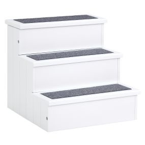 Escalera para mascotas 3 peldaños con almacenaje y alfombra antideslizante madera blanca 40,5x44,5x38 cm