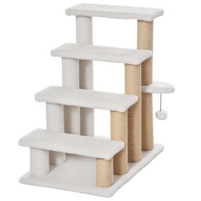 Escalera para gatos de 4 niveles con felpa, poste de yute y bola colgante, 60x40x64 cm, blanco