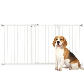 Barrera de seguridad extensible para perros 74-147,5 cm blanca con cierre automático y doble bloqueo