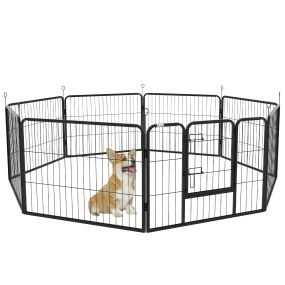 Parque para perros de 8 paneles 80x60 cm con puerta, marco de acero y 8 anclajes, negro