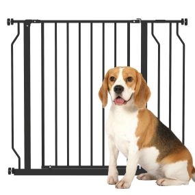 Barrera de Seguridad para Perros Extensible 75-95 cm para Puertas y Escaleras Puerta de Seguridad Apertura en Dos Sentidos y Solo una Mano Extensiones Montaje a Presión y Doble Bloqueo Negro