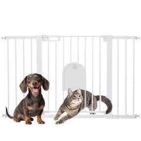 Barrera de seguridad extensible para perros 75-131 cm con puerta pequeña, 3 extensiones, blanco
