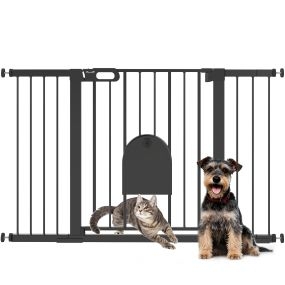 Barrera de seguridad para perros extensible 75-131 cm con puerta pequeña, 3 extensiones, negro