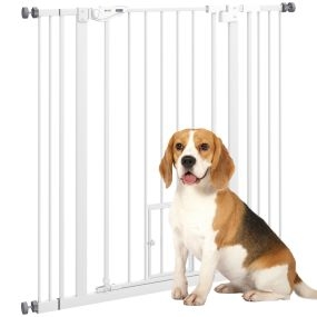Barrera de seguridad para perros extensible con puerta pequeña 74-101x104,1 cm blanco