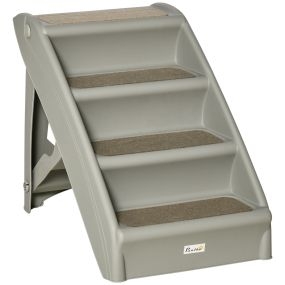 Escalera plegable para mascotas de 4 peldaños con alfombra antideslizante gris 62x38x49,5 cm carga 20 kg