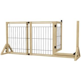 Barrera para perros de madera extensible 112-159x70 cm natural con 2 paneles y patas triangulares