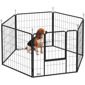 Parque para perros de 6 paneles, 80 cm de altura, valla de acero plegable con puerta, negro, interior y exterior