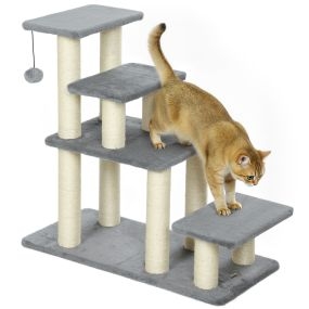 Escalera ajustable para mascotas de 3/4 peldaños con postes rascadores y bola colgante gris