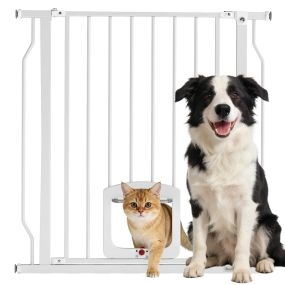 Barrera de seguridad para perros extensible 75-85 cm para puertas y escaleras con puerta pequeña blanca