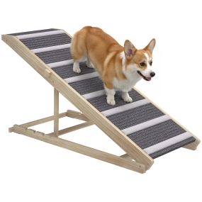 Rampa para Perros Plegable y Altura Ajustable 41-60 cm, Rampa para Mascotas de Madera con Alfombrilla Antideslizante y Asa, para Perros Pequeños Medianos y Grandes, para Cama Sofá, 120x50x60 cm