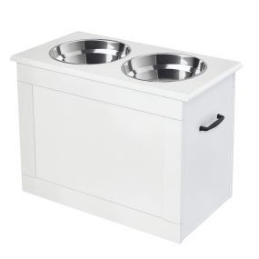 Comedero elevado para perro con 2 cuencos de acero inoxidable 2x2000 ml blanco con almacenamiento oculto