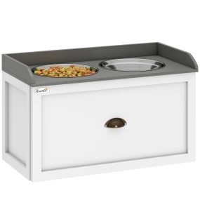 Comedero elevado para perros grandes con 2 cuencos de acero inoxidable y cajón oculto blanco 60x30x36 cm
