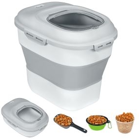 Contenedor plegable para comida de perros 25L con ruedas, taza medidora, cuenco y cuchara, gris