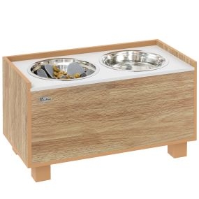 Comedero elevado para perro con alimentador lento extraíble, almacenaje y 2 cuencos de 2 L, roble