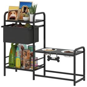 Comedero elevado para perro con cajón de tela, 2 cuencos inox 2x800 ml, altura ajustable, negro